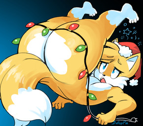 2_tails 4_toes 5_fingers anthro ass_up big_butt black_nose blue_eyes bottom_heavy bubble_butt butt butt_focus cheek_tuft christmas_clothing christmas_decorations christmas_headwear christmas_lights clothing cross-eyed dizzy eyelashes facial_tuft feet femboy fingers fur hair hat hat_only headgear headgear_only headwear headwear_only holidays huge_butt huge_thighs humanoid_feet humanoid_hands leg_markings legs_up male markings mostly_nude multi_tail multicolored_body multicolored_fur narrowed_eyes nude nude_anthro nude_male open_mouth plantigrade santa_hat socks_(marking) solo string_lights tail tail_markings teeth text thick_thighs three-quarter_view toes tongue tuft two_tone_body two_tone_fur white_body white_fur white_inner_ear white_markings yellow_body yellow_fur bulluppa christmas sega sonic_the_hedgehog_(series) miles_prower canid canine fox mammal 2024 artist_name colored digital_drawing_(artwork) digital_media_(artwork) hi_res shaded
