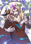 5_fingers anthro blonde_hair blue_eyes breasts clothed clothing duo eyebrows eyelashes feathered_wings feathers female fingers hair horn smile wings yellow_eyes kero_tzuki canid canine hybrid mammal 2021 digital_media_(artwork) hi_res