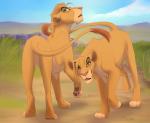 detailed_background duo female feral fur grass looking_back outside pink_nose plant savanna smile yellow_sclera tiziri disney the_lion_king fan_character hamna shida felid lion mammal pantherine hi_res