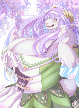 5_fingers anthro big_breasts blush breasts cherry_blossom cleavage clothed clothing curved_horn dress eyelashes female female_anthro fingers flower front-tie_clothing front-tie_topwear fur goat_tail green_clothing green_dress hair horn huge_breasts long_hair looking_at_viewer open_mouth plant prunus_(flower) purple_hair simple_background slightly_chubby slightly_chubby_anthro slightly_chubby_female smile solo standing tail white_background white_body white_fur yellow_eyes sasanoha6011 lumeria_(sasanoha6011) bovid caprine goat mammal absurd_res hi_res
