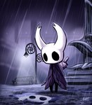 2_horns ambiguous_gender bench black_eyes black_legs cloak clothing horn looking_at_self melee_weapon nail_(weapon) outside rain_drops raining reflection sculpture solo standing statue street_lamp sword vessel weapon weapon_on_back white_head sol-lar-bink hollow_knight team_cherry the_knight_(hollow_knight) arthropod vessel_(species) 2019 digital_media_(artwork)