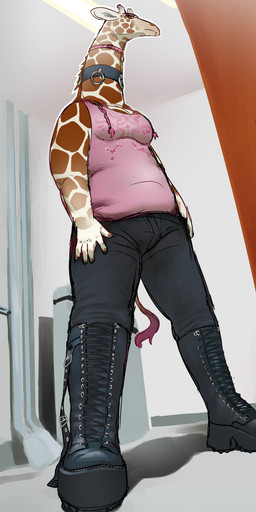 2_horns alternative_fashion anthro biped black_boots black_clothing black_footwear boots brown_body brown_fur bulge clothing collar footwear fur gynomorph hair horn intersex leather leather_boots leather_clothing leather_collar leather_footwear long_neck low-angle_view markings ossicone pink_hair shoes solo spots spotted_body spotted_markings standing tail white_body white_fur pablovaa giraffe giraffid mammal absurd_res hi_res trans_(lore) trans_woman_(lore)