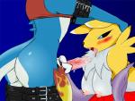 blue_background breasts butt duo fellatio female genitals male male/female oral penile penis sex simple_background seiiartworks bandai_namco digimon canid canine digimon_(species) flamedramon mammal renamon scalie