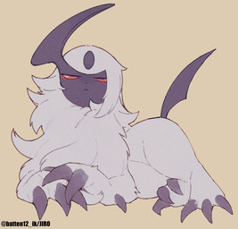 :< ambiguous_feral ambiguous_gender black_claws claws feral fluffy forehead_gem fur gem hair horn looking_at_viewer lying narrowed_eyes red_eyes simple_background solo tail toe_claws white_body white_fur white_hair batten12 nintendo pokemon absol generation_3_pokemon mammal pokemon_(species) 2026 full-length_portrait hi_res portrait signature