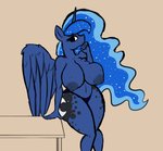 anthro big_breasts breasts clothed clothing cutie_mark female freckled_breasts freckles furniture horn huge_breasts leaning_on_object looking_at_viewer nipples panties solo table thick_thighs topless underwear wide_hips wings crazy_water friendship_is_magic hasbro my_little_pony mythology princess_luna_(mlp) equid equine mammal mythological_creature mythological_equine winged_unicorn