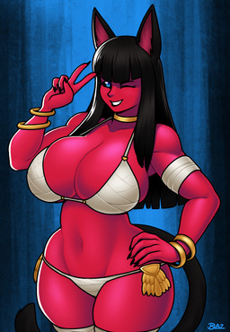 arm_wraps big_breasts bikini black_hair blue_eyes bracelet breasts choker cleavage clothed clothing collarbone eyebrows eyelashes female gesture glistening glistening_body glistening_breasts glistening_skin hair hand_gesture hand_on_hip huge_breasts jewelry navel necklace one_eye_closed pupils red_body red_skin slit_pupils smile solo swimwear thick_thighs two-piece_swimsuit v_sign wide_hips wink wraps blazbaros animal_humanoid cat_humanoid felid felid_humanoid feline feline_humanoid humanoid mammal mammal_humanoid 2026 hi_res