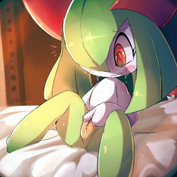 bed biped blush body_blush bottomless bottomless_female clothed clothing female front_view furniture genitals green_body green_hair green_skin hair lying masturbation not_furry on_back plump_labia pokeball red_eyes solo vulva vulva_blush white_body white_skin lodetail nintendo pokemon generation_3_pokemon humanoid kirlia pokemon_(species) 2026 digital_media_(artwork) hi_res shaded