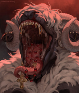 anthro beads black_body black_fur bodily_fluids bovid_horn caprine_horn christian_cross christian_symbol cross cross_necklace crucifix ear_piercing fangs fur gold_(metal) gold_tooth hair hair_over_eyes horn industrial_piercing jewelry long_tongue male male_anthro mouth_shot multicolored_body multicolored_fur necklace object_in_mouth open_mouth piercing prayer_beads ram_horn religion religious_symbol rosary saliva saliva_string solo teeth tongue tongue_out two_tone_body two_tone_fur white_body white_fur honovy christianity koazy bovid caprine demon mammal sheep 2026 digital_media_(artwork) hi_res