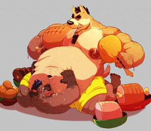 5_fingers 5_toes anthro arm_hair barazoku beard beef belly belly_grab belly_hair belly_worship big_belly big_nipples biped black_eyes black_hair black_nose blue_hair bodily_fluids body_hair body_worship bottomwear brown_body brown_fur chest_hair chicken_meat clothed clothing deep_navel duo eyebrows eyes_closed facial_hair feet fingernails fingers food fur hair male meat moobs multicolored_body multicolored_fur multicolored_hair musclegut muscular muscular_anthro muscular_arms muscular_male nails navel navel_rim nipples overweight overweight_anthro overweight_male pecs shorts sitting sitting_on_another size_difference steak stubble sweat tan_body tan_fur toenails toes topless two_tone_body two_tone_fur two_tone_hair weight_difference worship komboochie butch_(cursedmarked) syrus_hyena canid canine canis domestic_dog hyena mammal spotted_hyena 2019