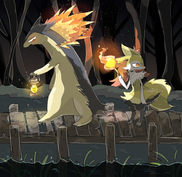 ambiguous_gender anthro bridge dark detailed_background duo fire forest fur holding_lantern holding_object holding_torch lake lamp lantern light looking_back night nude outside plant semi-anthro side_view simple_background stick torch tree walking water kohitsuji nintendo pokemon braixen canid canine generation_2_pokemon generation_6_pokemon mammal mustelid pokemon_(species) typhlosion 2018 digital_media_(artwork)