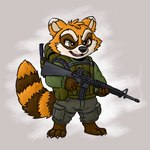 anthro assault_rifle backpack barefoot bottomwear brown_eyes bulletproof_vest claws clothing feet fur gun m16 male orange_body orange_fur pants ranged_weapon rifle smile smirk solo tail toe_claws toes weapon nettika project_zomboid the_indie_stone spiffo mammal procyonid raccoon 1:1 2023 clip_studio_paint_(artwork) digital_media_(artwork) hi_res shaded