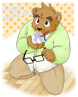 anthro blush bottomwear brown_body brown_fur clothing eyewear fur glasses humanoid_hands male pants shirt slightly_chubby solo text topwear inuryu bear mammal 2015