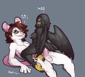 anal anal_penetration anthro balls beak breasts cowgirl_position duo erection eye_contact eyewear female female_on_top female_penetrated from_front_position genitals glasses interspecies looking_at_another lying male male/female male_on_bottom male_penetrating male_penetrating_female nipples non-mammal_nipples nude on_back on_bottom on_top penetration penis predator/prey sex simple_background straddling conditional_dnp ebonychimera red_(sethkeidashi) rowan_(rainer_fenixhart) avian bird corvid corvus_(genus) mammal mouse murid murine oscine passerine raven rodent digital_media_(artwork)