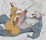 anthro antlers autobukkake barazoku big_penis blush bodily_fluids buckteeth cum cum_on_face cum_on_own_face cum_on_self cumshot duo ejaculation erection excessive_cum excessive_genital_fluids eye_roll frottage fur genital_fluids genitals glans grey_body grey_fur horn huge_penis humanoid_genitalia humanoid_penis hyper hyper_genitalia hyper_penis interspecies lying male male/male muscular muscular_anthro muscular_male on_back open_mouth pecs penile penis penis_size_difference penises_touching predator/prey sex short_tail size_difference tail tally_marks teeth thick_thighs vein veiny_penis yellow_body yellow_fur akachionmain beastars artemis_jackalope legoshi_(beastars) canid canine canis jackalope lagomorph mammal wolf hi_res