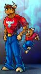 anthro biceps bottomwear brown_hair clothed clothing comparing denim denim_bottomwear denim_clothing duo ear_piercing hair happy jeans looking_at_viewer male muscular muscular_male pants pecs piercing pose smile smirk standing tight_clothing young young_anthro magolobo pepe_toro_(magolobo) bovid bovine cattle mammal colored digital_media_(artwork)