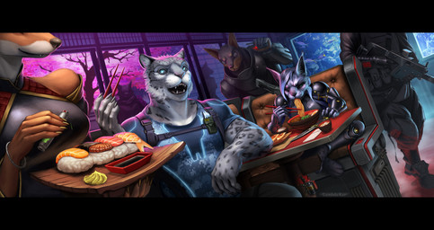 anthro aquarium armor breasts chair chopsticks clothing dagger detailed_background dutch_angle eating_noodles female food fur furniture grey_body grey_fur group gun holding_chopsticks holding_food holding_gun holding_object holding_ranged_weapon holding_rifle holding_vial holding_weapon inside male melee_weapon military_uniform noodles open_mouth pauldron ramen ranged_weapon restaurant rifle science_fiction sitting smile sushi uniform vivarium wasabi weapon lambdakat ambient_fish ambient_sealife canid canine canis dobermann domestic_dog felid feline lynx mammal pantherine pinscher snow_leopard 2024 digital_media_(artwork) hi_res