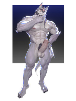 balls beard cute_fangs ear_tuft erection facial_hair facial_scar fangs genitals gradient_background hair hand_on_hip humanoid_genitalia humanoid_penis male muscular muscular_male nipples nude one_eye_closed penis ponytail pubes red_eyes scar simple_background solo standing tail teeth thinking_pose tuft wink uiokv canid canine canis mammal wolf absurd_res hi_res
