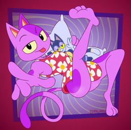3_toes abstract_art anthro body_pillow bottomless butt clothed clothing curling_toes feet fur gesture glistening glistening_butt hand_gesture humanoid_feet male markings pillow plantigrade pointing purple_body purple_fur smug soles solo spots spotted_body spotted_fur toes tongue tongue_out toony yellow_eyes gavanzude animal_crossing nintendo bob_(animal_crossing) punchy_(animal_crossing) domestic_cat felid feline felis mammal alternate_version_at_paywall digital_drawing_(artwork) digital_media_(artwork) hi_res signature