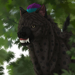 ambiguous_feral ambiguous_gender bared_teeth black_nose black_spots brown_body brown_eyes brown_fur ear_piercing feral fur inner_ear_fluff markings piercing pink_inner_ear_fluff solo spots spotted_body spotted_fur spotted_neck text tuft msdeadsoul hyena mammal 1:1 2024 artist_name dated hi_res