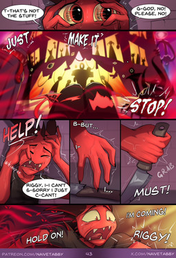 bodily_fluids clothed clothing dialogue eyebrows eyes_closed fingers group horn knife male motion_lines open_mouth pupils red_eyes sharp_teeth sound_effects sweat teeth text yellow_sclera naive_tabby humanoid imp comic english_text hi_res url