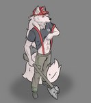 abs anthro axe clothed clothing clothing_lift costume firefighter fur hat headgear headwear male melee_weapon shirt shirt_lift solo suspenders topwear weapon white_body white_fur haruthedog canid canine mammal