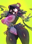 anthro areola armor belt biped black_body black_fur breasts clothing eyebrows eyelashes female fingers fur gauntlets genitals gloves handwear multicolored_body multicolored_fur nipples one_eye_closed open_mouth open_smile purple_body purple_fur pussy simple_background smile solo tongue tongue_out yellow_background sachsech205 epic_games fortnite raven_team_leader bear mammal hi_res