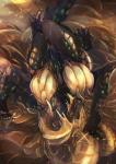 anthro breasts female horn looking_at_viewer lying non-mammal_breasts on_back spikes tail wet de_ktgr capcom monster_hunter mythology dragon elder_dragon kulve_taroth mythological_creature mythological_scalie scalie 2019 hi_res