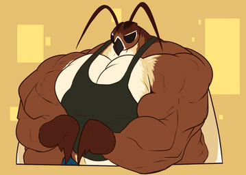 4_arms antennae_(anatomy) anthro biceps big_muscles big_pecs black_clothing black_eyes brown_body clothing flexing huge_muscles hyper hyper_muscles looking_at_self male multi_arm multi_limb muscular orange_background pecs shirt simple_background solo tank_top topwear white_body wings yellow_background unusualboo54 boo_(unusualboo54) arthropod insect lepidopteran moth 2022 colored digital_drawing_(artwork) digital_media_(artwork) flat_colors