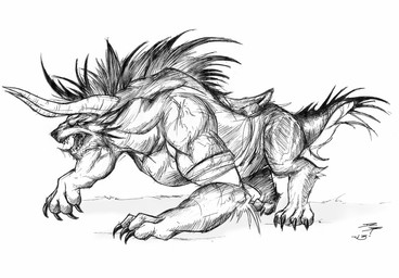 ambiguous_gender claws fangs feral horn mane open_mouth side_view simple_background solo teeth tongue tongue_out crazydrak final_fantasy square_enix behemoth_(final_fantasy) 2013 dated hi_res monochrome signature