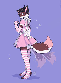 anthro apron armwear black_hair black_nose blue_eyes brown_body brown_fur cheek_tuft clothed clothing crossdressing dress facial_tuft femboy fur hair heart_(marking) legwear maid_apron maid_uniform male markings multicolored_hair open_mouth open_smile pattern_armwear pattern_clothing pattern_legwear pattern_stockings pink_clothing pink_dress pink_hair pink_markings short_hair simple_background smile snout solo standing stockings striped_armwear striped_clothing striped_legwear striped_stockings stripes tail tail_motion tailwag teeth tuft two_tone_hair uniform white_apron white_clothing fleurfurr canid canine mammal cel_shading colored colored_sketch digital_drawing_(artwork) digital_media_(artwork) hi_res shaded sketch