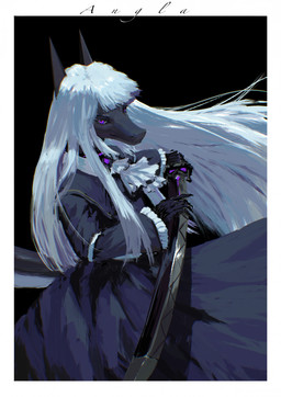 anthro bangs biped black_body black_claws border brooch claws clothed clothing cravat dress dutch_angle female frilly frilly_clothing fully_clothed hair holding_melee_weapon holding_object holding_sword holding_weapon horn latex long_hair melee_weapon purple_eyes side_view solo standing sword text weapon white_border white_hair angla1sol scalie character_name digital_media_(artwork) digital_painting_(artwork) hi_res painting_(artwork) portrait restricted_palette three-quarter_portrait