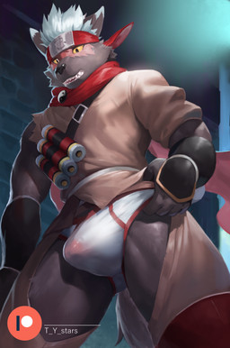 anthro asian_clothing black_nose briefs brown_body brown_fur bulge burn_scar clothed clothing detailed_bulge east_asian_clothing fur genital_outline hair handwear male muscular muscular_anthro muscular_male patreon_logo scar scarf scroll solo translucent translucent_clothing translucent_underwear underwear website_logo white_briefs white_clothing white_hair white_underwear yellow_sclera t.y.stars lifewonders patreon tokyo_afterschool_summoners tadatomo_(tas) canid canine canis domestic_dog mammal 2022 absurd_res hi_res