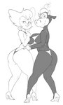 2_horns anthro bedroom_eyes bent_arm big_breasts big_butt big_eyes big_snout bikini biped breast_size_difference breasts bulging_breasts butt closed_smile clothed clothed_anthro clothed_female clothing countershade_face countershading curved_eyebrows dark_body dark_clothing dark_swimwear duo ear_piercing ear_ring eyebrows eyelashes female female/female fingers flower footwear gloves grey_bikini grey_clothing grey_swimwear hair hand_on_another's_hip hand_on_hip handwear hat head_turned headgear headwear high_heels hoop_ear_ring horn humanoid_hands light_body light_clothing light_hair light_swimwear long_eyelashes looking_at_viewer looking_back looking_back_at_viewer mature_anthro mature_female mouth_closed narrowed_eyes piercing plant pose rear_view ring_piercing seductive shoes short_hair skimpy skimpy_bikini skimpy_swimwear smile smiling_at_viewer snout standing straight_leg swimwear thick_thighs thin_eyebrows two-piece_swimsuit white_bikini white_clothing white_swimwear dbaru disney goof_troop clarabelle_cow peg_pete bovid bovine cattle felid mammal 2024 black_and_white digital_drawing_(artwork) digital_media_(artwork) hi_res monochrome