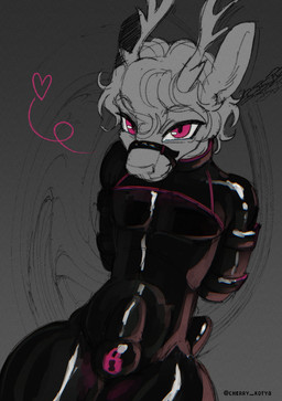 abdominal_bulge abstract_background anthro antlers arms_tied arms_tied_behind_back bdsm bondage bondage_gear bound bulge chain chained chastity_bulge chastity_device clothed clothing collar detailed_bulge drone dronesuit femboy fur genital_outline glistening grey_hair hair hands_behind_back harness heart_symbol horn latex latex_clothing latex_skinsuit lock_bulge lock_symbol looking_at_viewer male male_anthro muzzle_(object) muzzled null_bulge penis_outline pink_eyes restraints simple_background skinsuit smile solo submissive submissive_male symbol text tight_clothing white_body white_fur cherry_kotya gooddeer deer mammal new_world_deer reindeer 2026 absurd_res artist_name colored colored_sketch digital_drawing_(artwork) digital_media_(artwork) english_text hi_res shaded signature simple_shading sketch spot_color