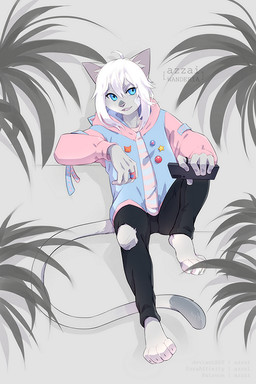 ahoge ambiguous_gender anthro bangs black_bottomwear black_clothing black_pants black_phone blue_clothing blue_eyes blue_jacket blue_topwear bottomwear cellphone clothed clothing dipstick_tail electronics eyelashes fur grey_background grey_body grey_fur hair holding_object holding_phone inner_ear_fluff jacket markings medium_hair multicolored_clothing multicolored_topwear no_shoes open_clothing open_jacket open_mouth open_topwear pants pattern_clothing pattern_shirt pattern_topwear phone pink_clothing pink_jacket pink_topwear plant shirt simple_background sitting smartphone solo striped_clothing striped_shirt striped_topwear stripes tail tail_markings topwear torn_bottomwear torn_clothing torn_pants tuft two_tone_clothing two_tone_jacket two_tone_topwear white_hair azzai domestic_cat felid feline felis mammal 2021 colored digital_drawing_(artwork) digital_media_(artwork) shaded male_(lore)