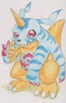 absurd_res ambiguous_gender animal_skin anthro bandai_namco belly belly_markings digimon digimon_(species) fur gabumon hi_res horn looking_at_viewer markings red_eyes simple_background slightly_chubby solo standing striped_body striped_fur stripes tabasukotrr white_background yellow_body