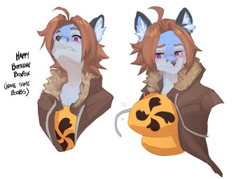 anthro before_and_after big_breasts blue_body blue_fur breast_growth breasts brown_hair clothing dialogue female fur gender_transformation growth hair jacket looking_down male mtf_transformation offscreen_character purple_eyes simple_background surprised text topwear transformation white_background corablue canid canine fox mammal 2025 english_text hi_res