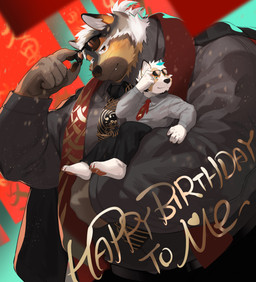 accessory anthro black_body black_bottomwear black_clothing black_facial_hair black_fur black_jacket black_necktie black_pants black_topwear blue_eyes bottomwear brown_body brown_eyes brown_fur claws clothing duo eyewear facial_hair finger_claws fur gloves_(marking) goatee grey_clothing grey_shirt grey_topwear hair happy_birthday holding_eyewear holding_object holding_partner holding_sunglasses inner_ear_fluff jacket larger_anthro larger_male leg_markings male markings multicolored_body multicolored_fur necktie orange_body orange_fur pants pattern_necktie pawpads ponytail red_necktie red_scarf scarf shirt short_ponytail size_difference smaller_anthro smaller_male socks_(marking) sunglasses tan_body tan_fur toe_claws topwear tuft whiskers white_body white_fur white_inner_ear_fluff bogexboog bogexboog_(character) haki_(bogexboog) canid canine canis domestic_dog mammal 2021 absurd_res hi_res
