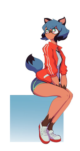 anthro black_body black_fur black_hair blue_body blue_eyes blue_hair bottomwear brown_body brown_fur clothed clothing dipstick_tail dolphin_shorts female fluffy fluffy_tail footwear fur hair jacket markings multicolored_body multicolored_eyes multicolored_fur multicolored_hair pink_eyes shoes short_hair shorts simple_background sitting solo tail tail_markings topwear white_background jack_(pixiv) brand_new_animal studio_trigger michiru_kagemori canid canine mammal raccoon_dog tanuki hi_res