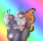 2021 antennae_(anatomy) anthro arm_around_partner arm_around_shoulder arthropod big_breasts big_bulge bikini blush breast_squish breasts bulge butterfree clothed clothing digital_media_(artwork) duo female gazaster generation_1_pokemon generation_6_pokemon gesture gynomorph hand_gesture hi_res high_plains_vivillon insect insect_wings intersex lepidopteran lesbian_pride_colors lgbt_pride looking_at_another looking_away nintendo one_eye_closed orange_lesbian_pride_colors pokemon pokemon_(species) pride_color_background pride_color_clothing pride_colors red_eyes shy simple_background skimpy smile squish standing swimwear thick_thighs tongue tongue_out trans_(lore) trans_woman_(lore) transgender_pride_colors v_sign vivillon wide_hips wings wink