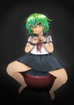 2022 black_background black_bottomwear black_clothing black_skirt bottomwear bound breasts clothing female green_eyes green_hair hair hands_tied hi_res human human_only looking_at_viewer mammal not_furry school_uniform simple_background sitting skirt solo spread_legs spreading toribako uniform