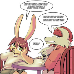 anthro bottomwear buckteeth chair clothed clothing dialogue fangs female fur furniture green_bottomwear green_clothing green_eyes green_shorts group hair hat headgear headwear jacket male orange_clothing orange_jacket orange_topwear red_clothing red_hair red_hat red_headwear shirt shorts table teeth text topwear trio white_clothing white_shirt white_topwear yellow_body yellow_fur young young_anthro young_female young_male littledemo0n don't_eat_the_neighbours barry_(don't_eat_the_neighbours) lucy_(don't_eat_the_neighbours) simon_(don't_eat_the_neighbours) canid canine canis lagomorph leporid mammal rabbit wolf 1:1 2026 digital_media_(artwork) english_text hi_res brother_(lore) brothers_(lore) sibling_(lore)