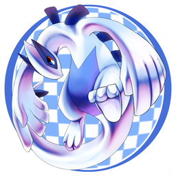ambiguous_gender blue_body front_view looking_at_viewer pattern_background pupils red_eyes red_pupils simple_background solo tail white_body white_tail kuttoyaki nintendo pokemon generation_2_pokemon legendary_pokemon lugia pokemon_(species) 1:1 full-length_portrait hi_res portrait