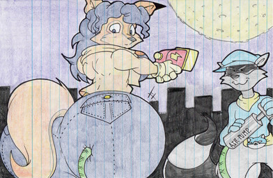 anthro big_butt blue_clothing blue_hair bottomwear butt butt_expansion city clothing denim denim_bottomwear denim_clothing duo expansion female fur grey_body grey_fur hair inflation jeans looking_back male moon outside pants pump transformation virus-20 sly_cooper_(series) sony_corporation sony_interactive_entertainment sucker_punch_productions carmelita_fox sly_cooper canid canine fox mammal procyonid raccoon 2015 traditional_media_(artwork)