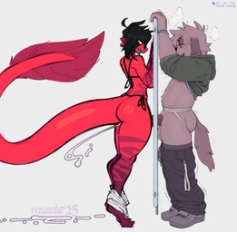 ambiguous_gender andromorph andromorph/male andromorph_anthro anthro anthro_on_anthro balls bikini black_bikini black_clothing black_hair black_swimwear bodily_fluids bottomwear breath butt clothed clothing clothing_aside cum cumshot duo ejaculation erection eye_through_hair eyewear floppy_ears fur genital_fluids genitals glasses glory_hole grey_background hair humanoid_genitalia intersex intersex/male intersex_anthro jockstrap jockstrap_aside long_tail looking_pleasured male mostly_nude_andromorph mostly_nude_anthro mostly_nude_male open_mouth penis projectile_cum red_body red_skin sex shorts shorts_around_ankles side-tie_bikini simple_background string_bikini swimwear tail tail_tuft tapering_tail thick_thighs thigh_sex tiptoes tongue topwear translucent translucent_hair tuft two-piece_swimsuit underwear underwear_aside wide_hipped_andromorph wide_hipped_anthro wide_hips conditional_dnp nextel remanedur reed_(bearra) ren_(remanedur) aquatic canid canine canis domestic_dog fish mammal 2025 dated digital_media_(artwork) english_description hi_res signature watermark nonbinary_(lore)