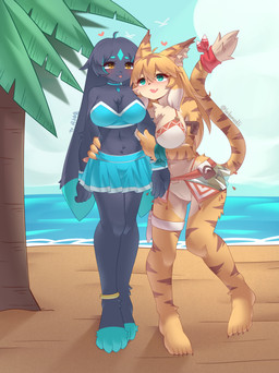 anthro black_body black_fur blonde_hair breasts clothing duo female female/female fur green_eyes hair navel sex_toy shy swimwear yellow_body yellow_eyes lalamedli cygames world_flipper mia_(world_flipper) felid lagomorph leporid mammal pantherine rabbit tiger absurd_res hi_res