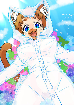 anthro blue_eyes bottomless breasts clothed clothing coat coat_only detailed_background female genitals kemono looking_at_viewer pubes raincoat solo topwear topwear_only translucent translucent_clothing vulva wet wet_clothing setonanaki13 korone_(setonanaki13) felid feline mammal absurd_res half-length_portrait hi_res portrait