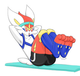 3_toes ambiguous_gender anthro barefoot big_ears big_legs blue_body blue_fur bottomwear clothing exercise exercise_clothing feet foot_focus fur hindpaw paws plantigrade red_body red_eyes red_fur shorts simple_background soles solo thick_thighs toes yellow_body yellow_fur mr_fuwa nintendo pokemon cinderace generation_8_pokemon lagomorph leporid mammal pokemon_(species) absurd_res hi_res