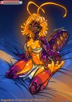 2022 2_toes antennae_(anatomy) anthro arthropod bioluminescence bottomwear bra breasts clothing ensafir exoskeleton feet female glowing hi_res ko-fi loincloth non-mammal_breasts orange_body panties patreon solo toes underwear wide_hips zummeng