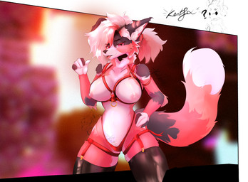 anthro big_tail ear_markings female fur garter_belt garter_straps hair hand_on_hip harness latex multicolored_body multicolored_fur neck_tuft pattern_background ponytail red_eyes simple_background solo tail tuft keitfa neva_(keitfa)